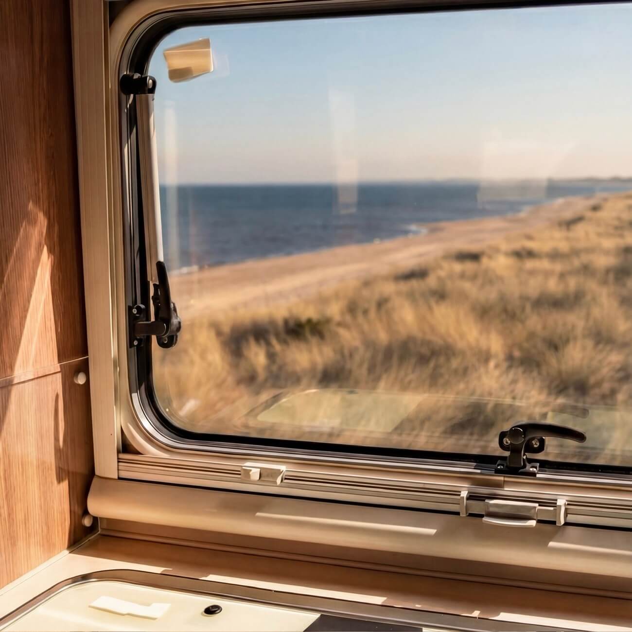 Blick aus dem Fenster eines Campers am Meer
