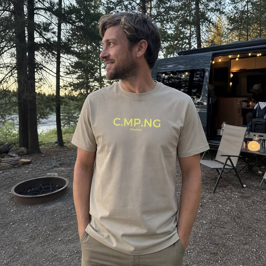 Mann steht in einem beigen Camping T-Shirt vor einem Camper-Van. Das T-Shirt ist in gelb mit dem modernen C.MP.NG Schriftzug und dem Namen Maurice bedruckt.